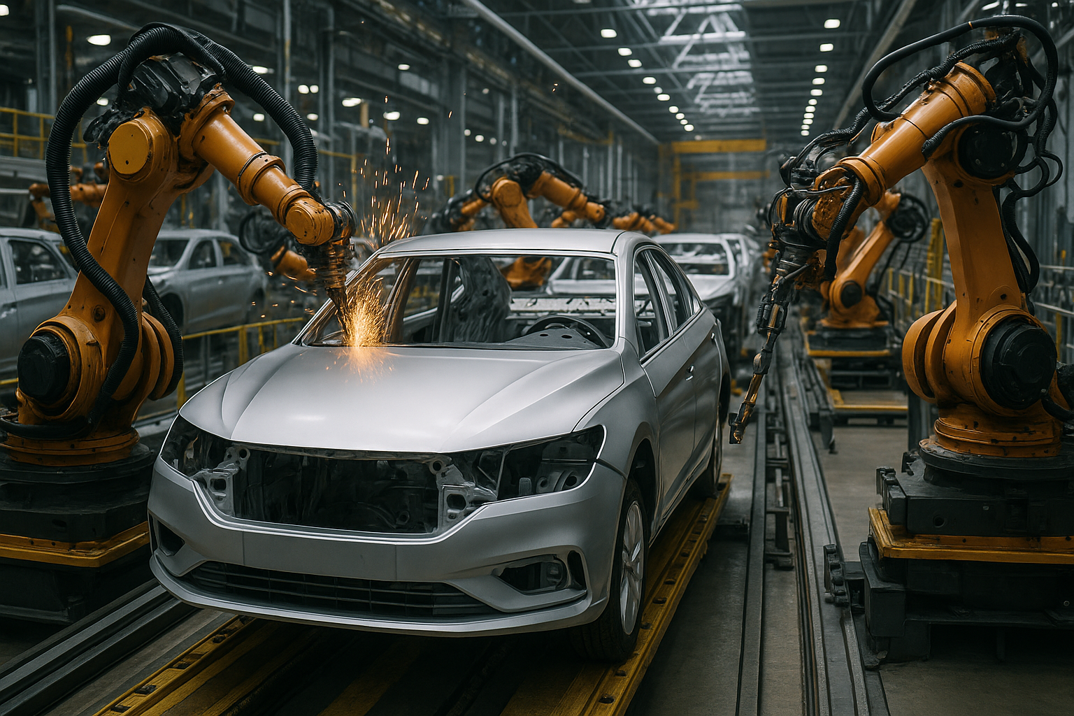 Robots welding a car AI-generated content may be incorrect.